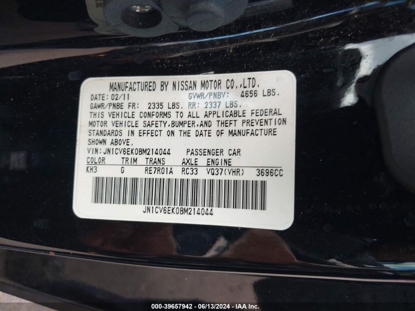 2011 Infiniti G37 Journey VIN: JN1CV6EK0BM214044 Lot: 39657942