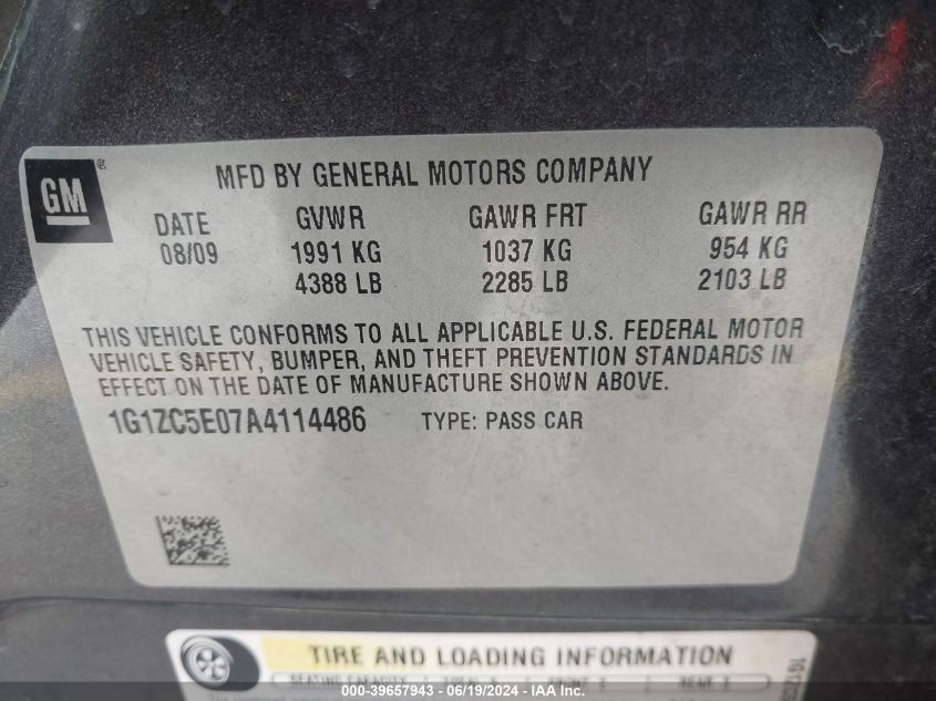 2010 Chevrolet Malibu Lt VIN: 1G1ZC5E07A4114486 Lot: 39657943