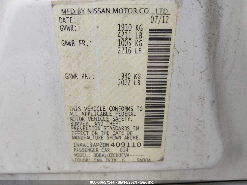 1N4AL3AP2DN409110 | 2013 NISSAN ALTIMA