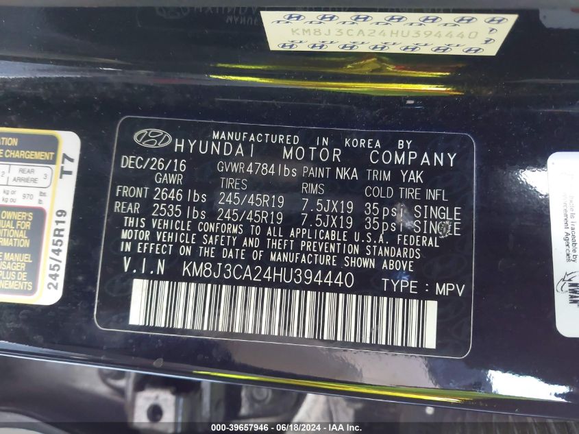 2017 Hyundai Tucson Limited VIN: KM8J3CA24HU394440 Lot: 39657946