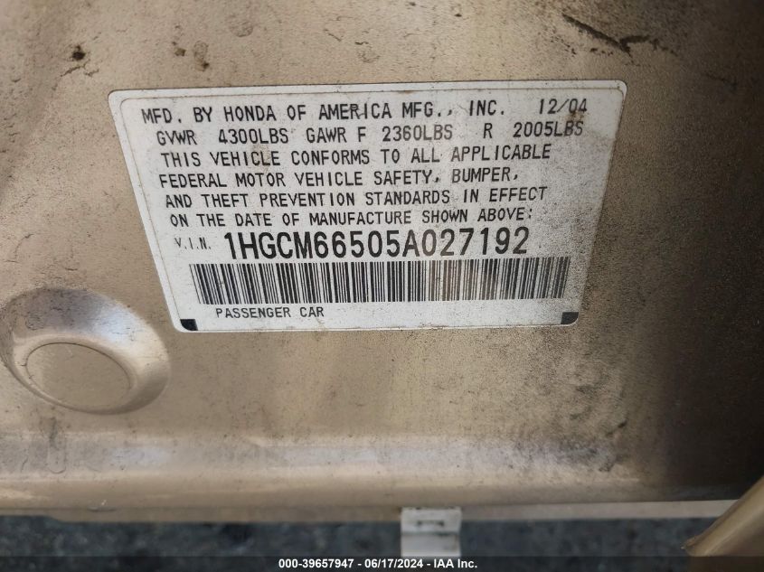 2005 Honda Accord 3.0 Ex VIN: 1HGCM66505A027192 Lot: 39657947