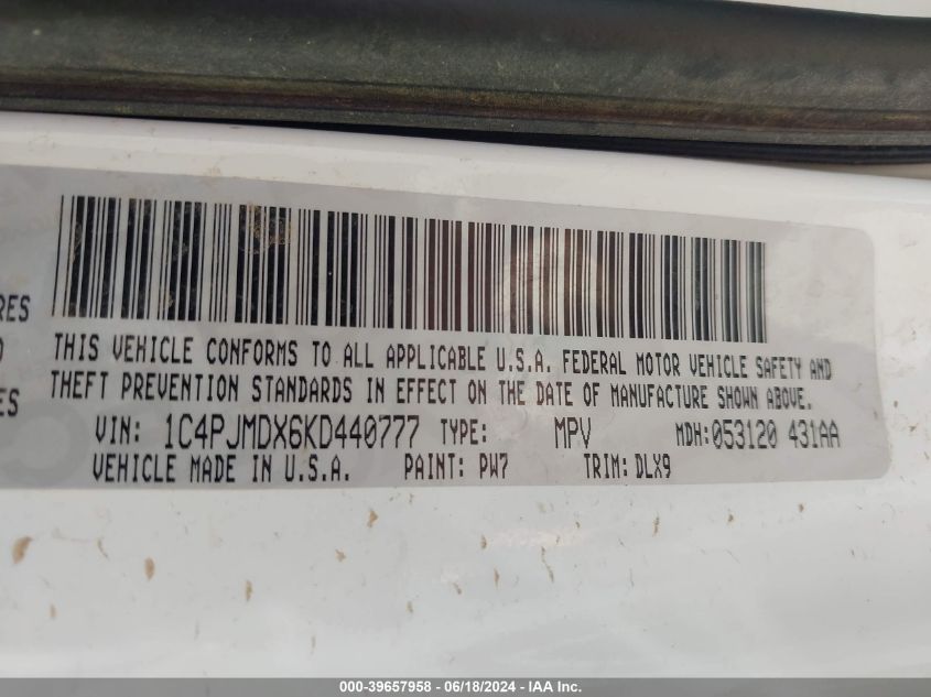 2019 Jeep Cherokee Limited 4X4 VIN: 1C4PJMDX6KD440777 Lot: 39657958