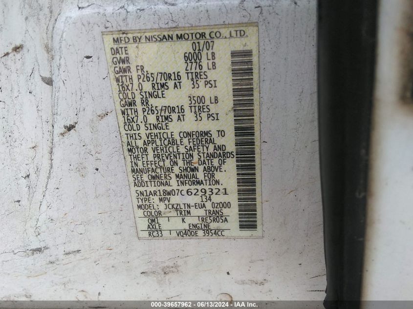 2007 Nissan Pathfinder Se VIN: 5N1AR18W07C629321 Lot: 39657962