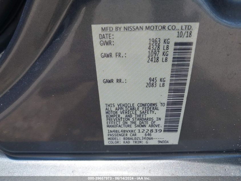 1N4BL4BVXKC122839 2019 Nissan Altima 2.5 S