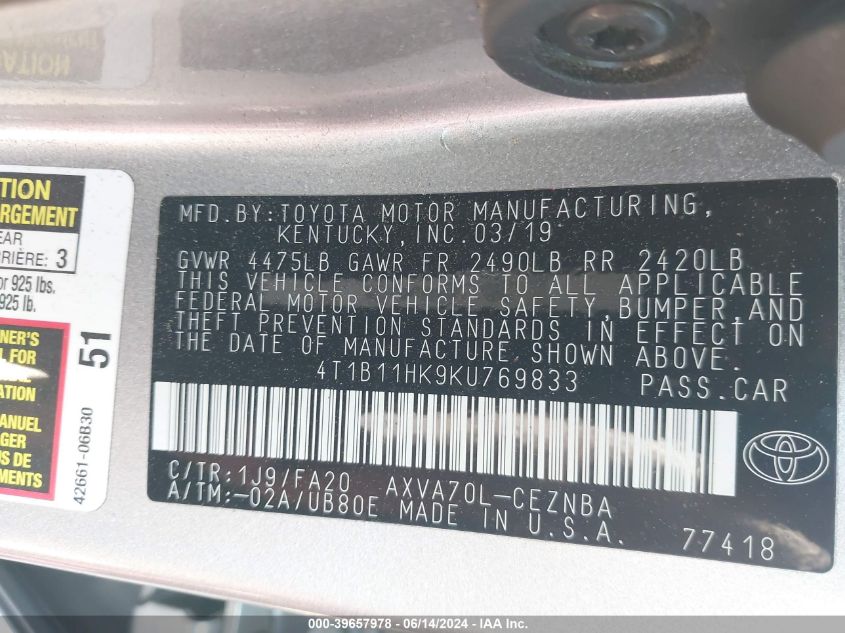 4T1B11HK9KU769833 2019 Toyota Camry Le