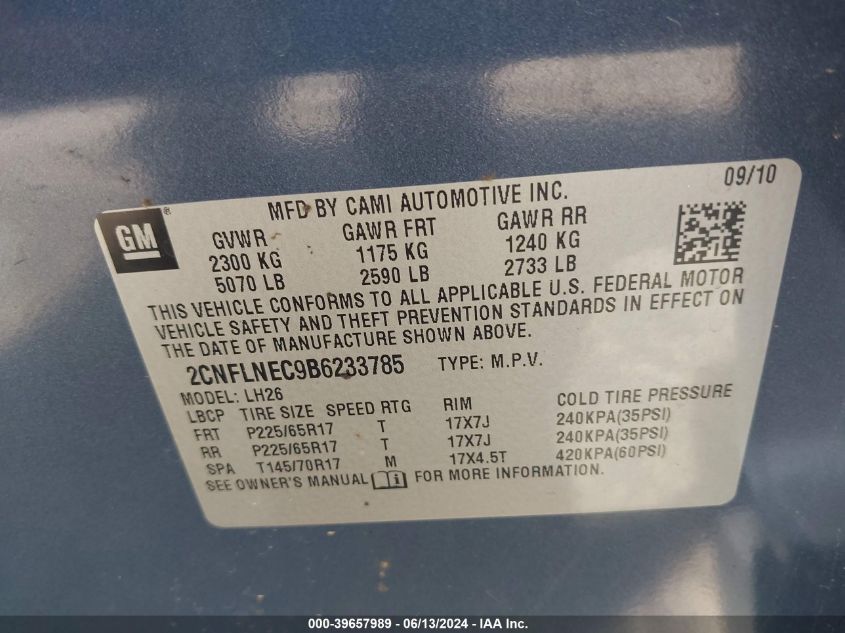 2011 Chevrolet Equinox 2Lt VIN: 2CNFLNEC9B6233785 Lot: 39657989