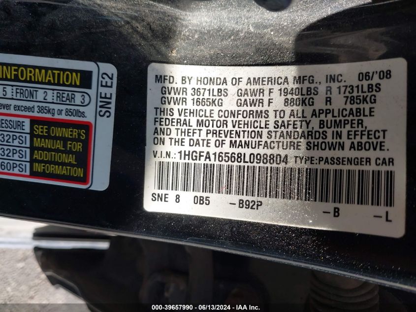 2008 Honda Civic Lx VIN: 1HGFA16568L098804 Lot: 39657990