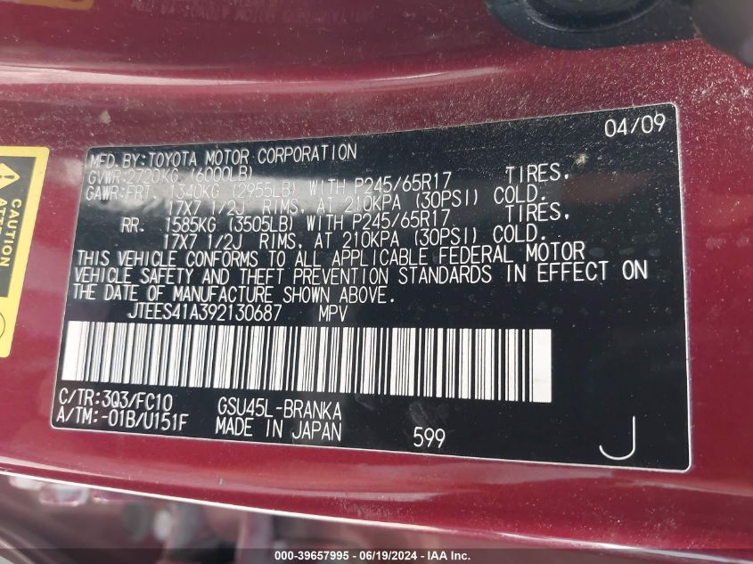 2009 Toyota Highlander VIN: JTEES41A392130687 Lot: 39657995