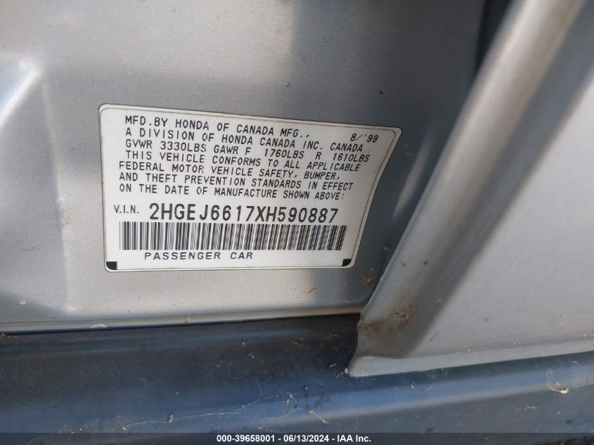 1999 Honda Civic Value Package VIN: 2HGEJ6617XH590887 Lot: 39658001