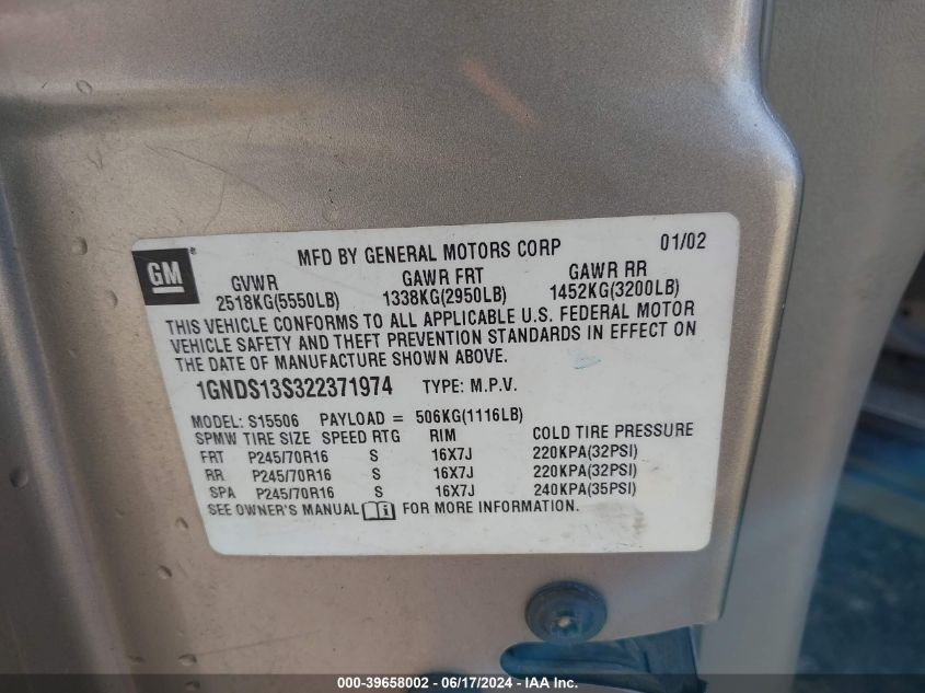 2002 Chevrolet Trailblazer Ls VIN: 1GNDS13S322371974 Lot: 39658002