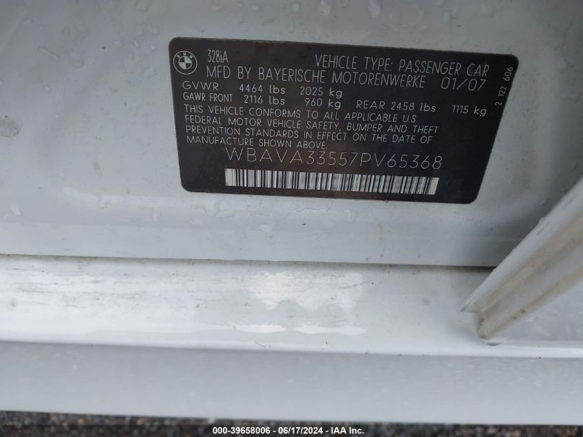 2007 BMW 328I VIN: WBAVA33557PV65368 Lot: 39658006