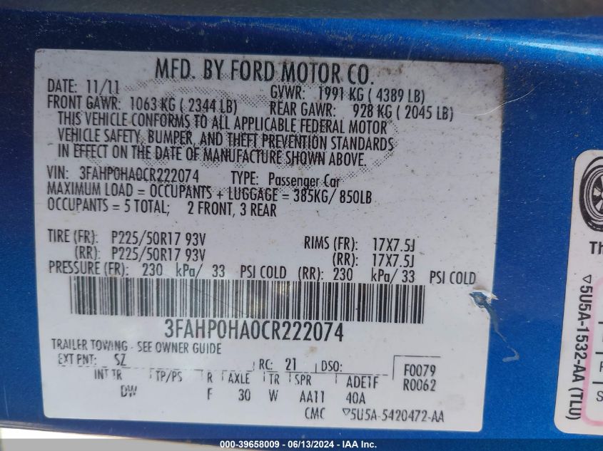 2012 Ford Fusion Se VIN: 3FAHP0HA0CR222074 Lot: 39658009