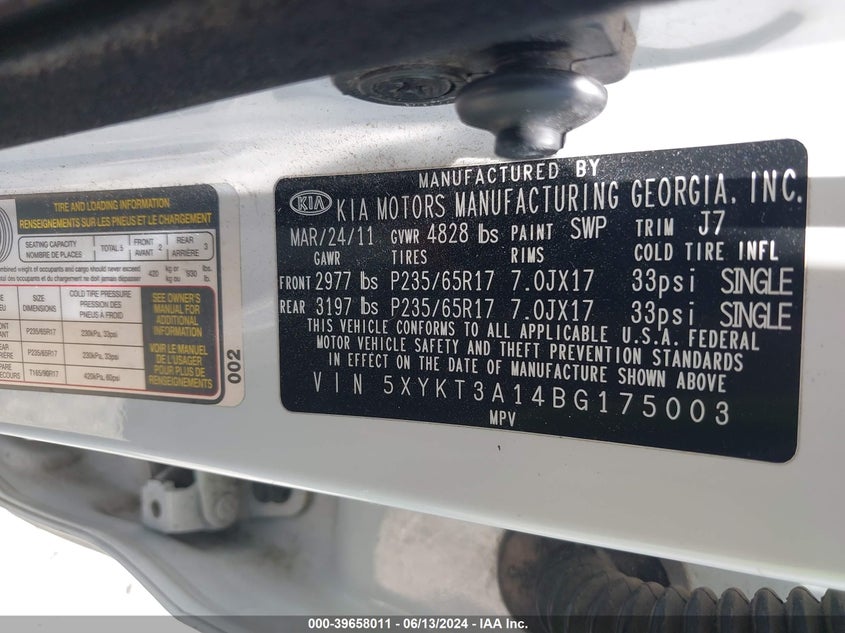 2011 Kia Sorento Lx VIN: 5XYKT3A14BG175003 Lot: 39658011