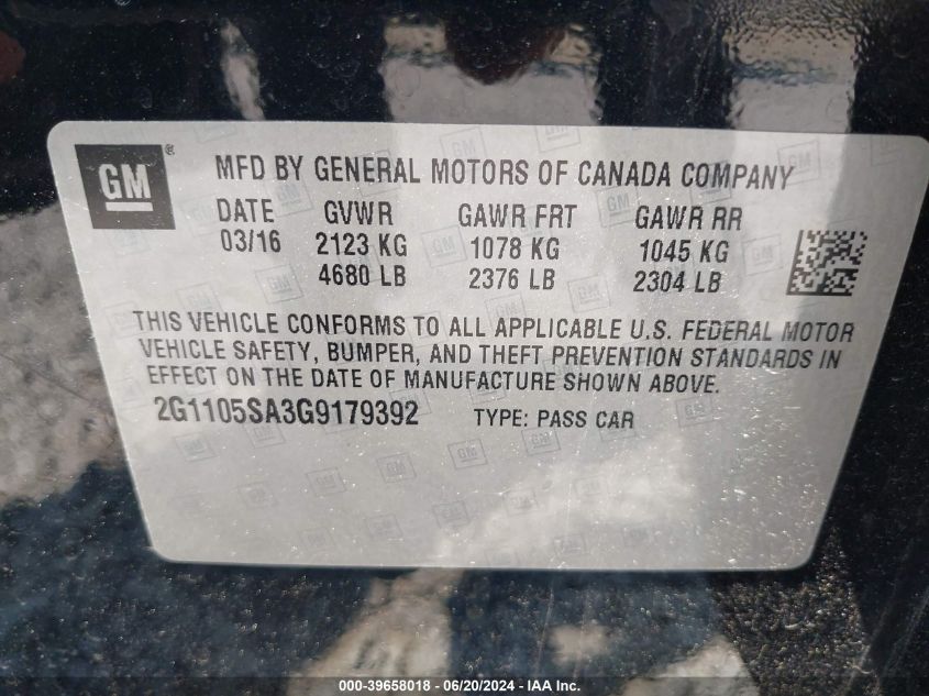 2016 Chevrolet Impala 1Lt VIN: 2G1105SA3G9179392 Lot: 39658018