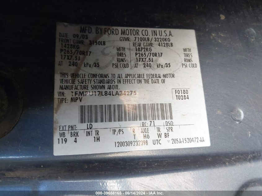 2004 Ford Expedition Eddie Bauer VIN: 1FMPU17L84LA34275 Lot: 39658165