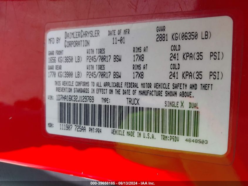 2002 Dodge Ram 1500 St VIN: 1D7HA16K32J129769 Lot: 39658185