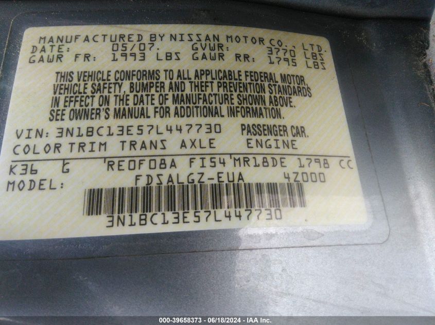 2007 Nissan Versa 1.8Sl VIN: 3N1BC13E57L447730 Lot: 39658373