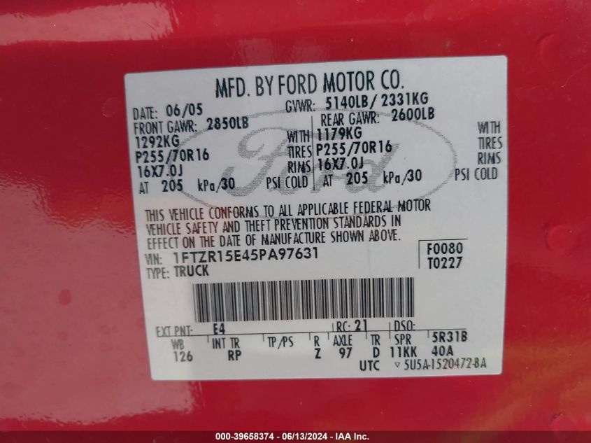 2005 Ford Ranger Edge/Xl/Xlt VIN: 1FTZR15E45PA97631 Lot: 39658374