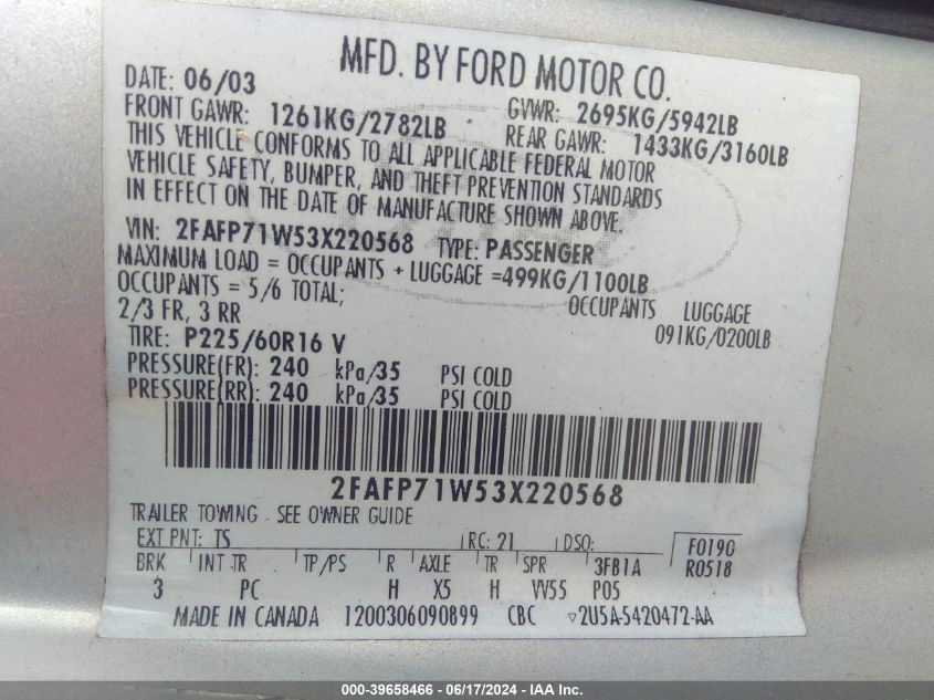 2003 Ford Crown Victoria Police VIN: 2FAFP71W53X220568 Lot: 39658466