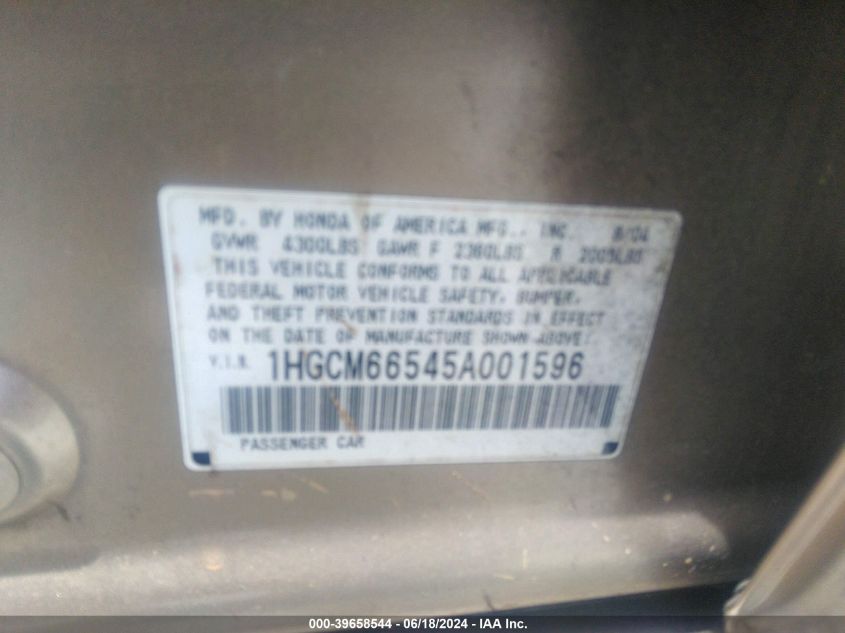 2005 Honda Accord 3.0 Ex VIN: 1HGCM66545A001596 Lot: 39658544