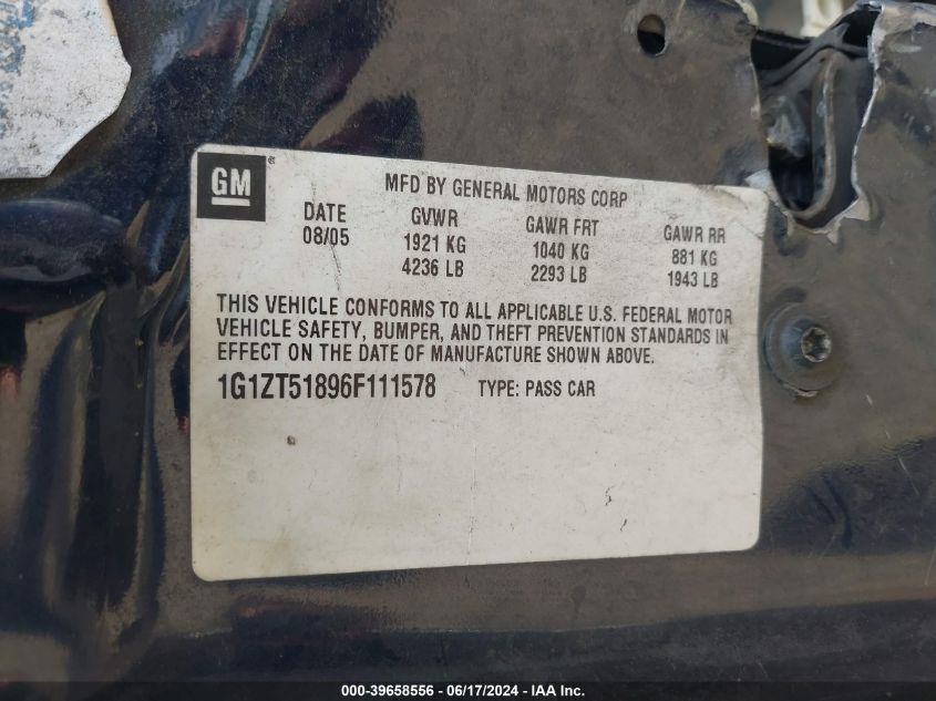 2006 Chevrolet Malibu Lt VIN: 1G1ZT51896F111578 Lot: 39658556