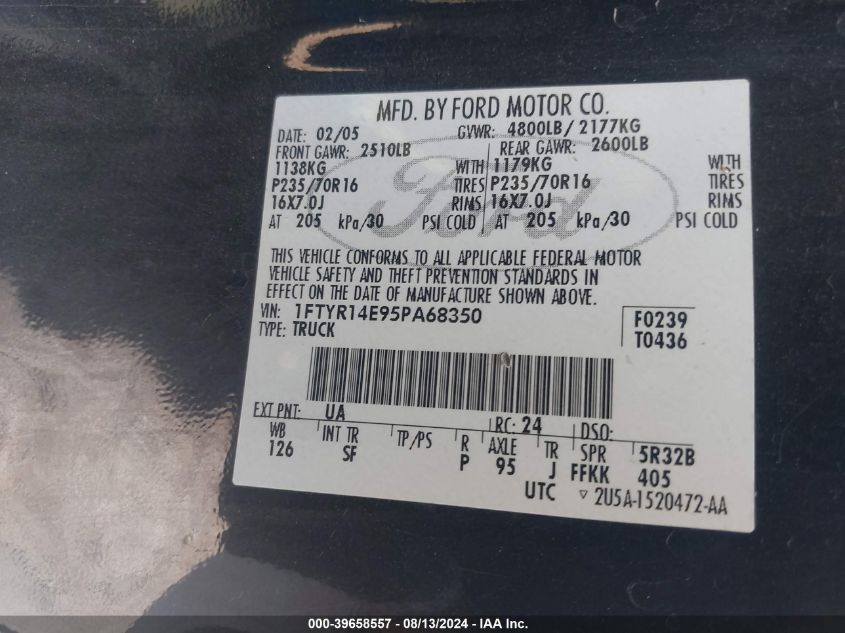 2005 Ford Ranger Edge/Stx/Xl/Xlt VIN: 1FTYR14E95PA68350 Lot: 39658557