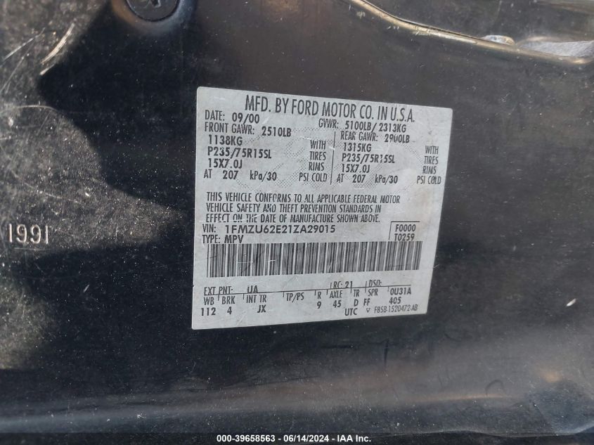 2001 Ford Explorer Xls VIN: 1FMZU62E21ZA29015 Lot: 39658563