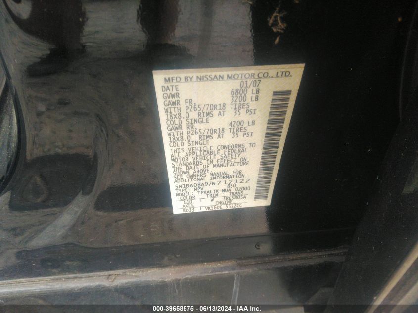 2007 Nissan Armada Se VIN: 5N1BA08A97N717122 Lot: 39658575