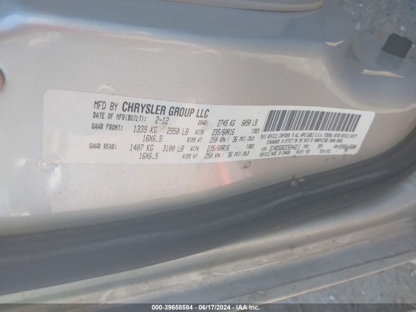 2012 Dodge Grand Caravan Se/Avp VIN: 2C4RDGBG2CR244211 Lot: 39658584