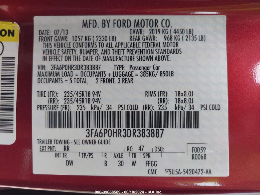 2013 Ford Fusion Se VIN: 3FA6P0HR3DR383887 Lot: 39658589