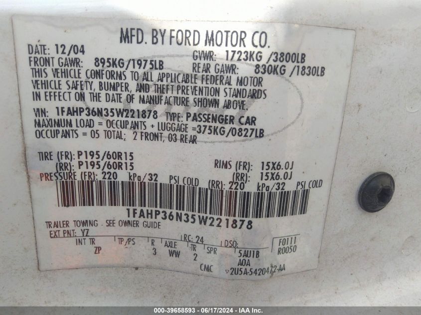 2005 Ford Focus Zxw VIN: 1FAHP36N35W221878 Lot: 39658593