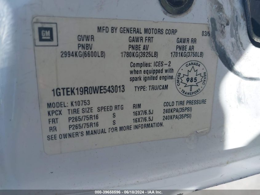 1998 GMC Sierra 1500 Sl Wideside/Sle Sportside VIN: 1GTEK19R0WE543013 Lot: 39658596