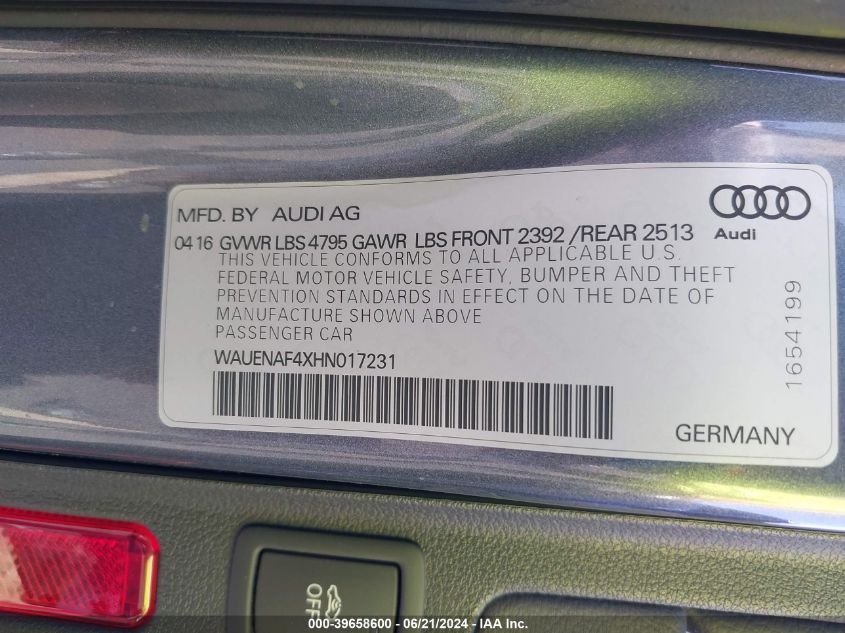 2017 Audi A4 2.0T Premium VIN: WAUENAF4XHN017231 Lot: 39658600