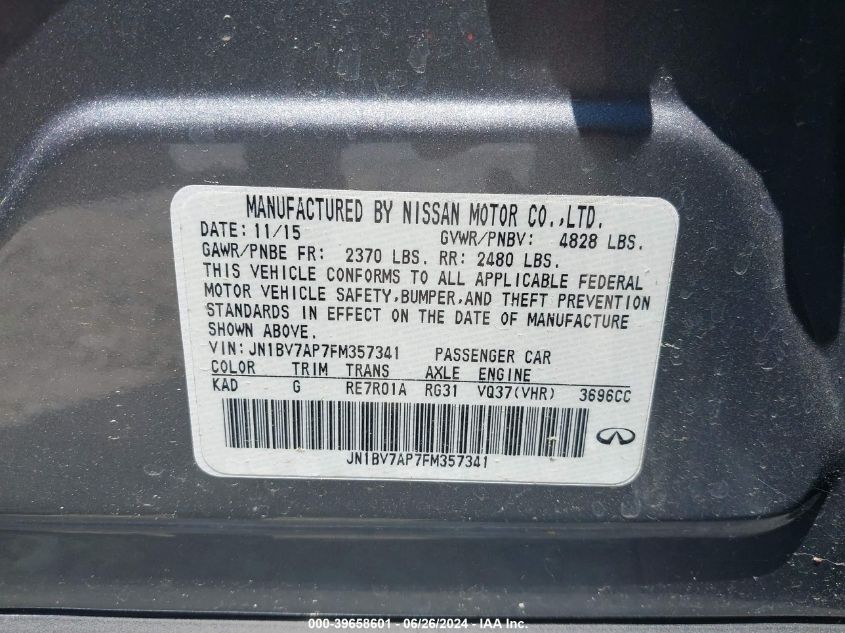 2015 Infiniti Q50 Premium VIN: JN1BV7AP7FM357341 Lot: 39658601