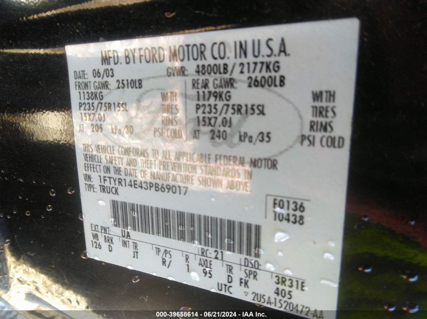 2003 Ford Ranger Edge VIN: 1FTYR14E43PB69017 Lot: 39658614