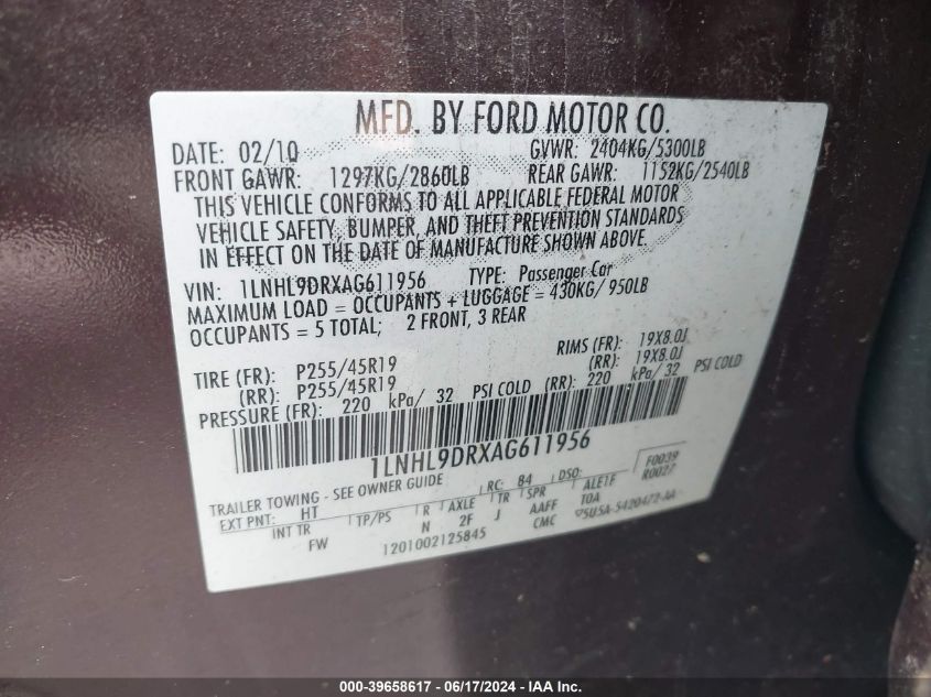 2010 Lincoln Mks VIN: 1LNHL9DRXAG611956 Lot: 39658617