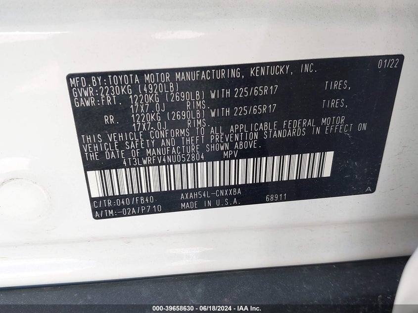 2022 Toyota Rav4 Hybrid Le VIN: 4T3LWRFV4NU052804 Lot: 39658630