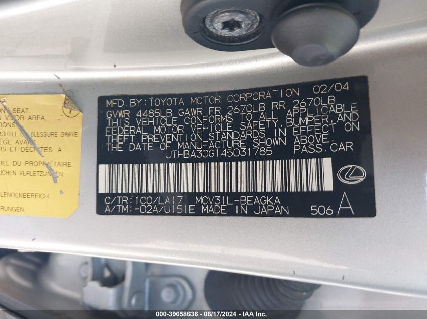 2004 Lexus Es 330 VIN: JTHBA30G145031785 Lot: 39658636