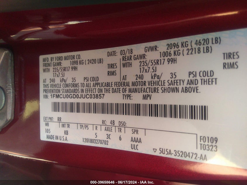 2018 Ford Escape Se VIN: 1FMCU0GD0JUC03857 Lot: 39658646