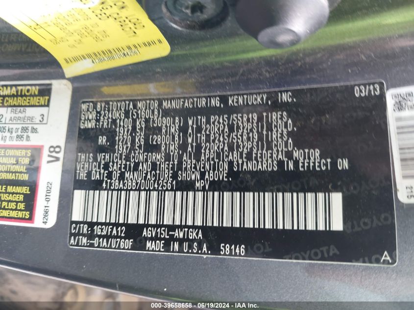 2013 Toyota Venza Le VIN: 4T3BA3BB7DU042561 Lot: 39658658