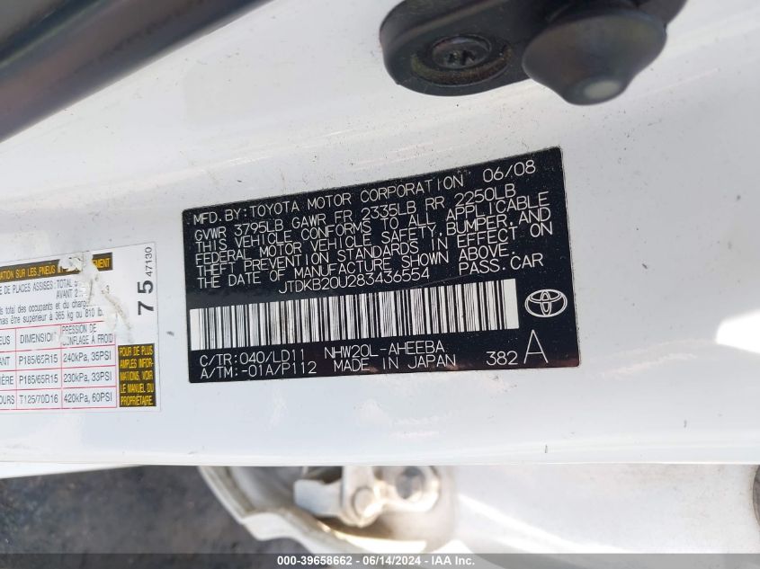 JTDKB20U283436554 2008 Toyota Prius