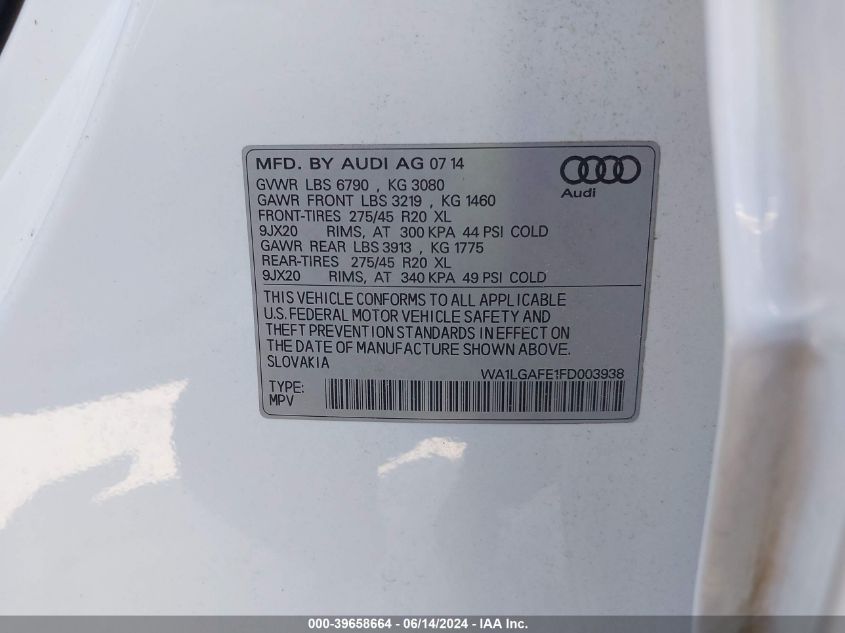 2015 Audi Q7 3.0T Premium VIN: WA1LGAFE1FD003938 Lot: 39658664