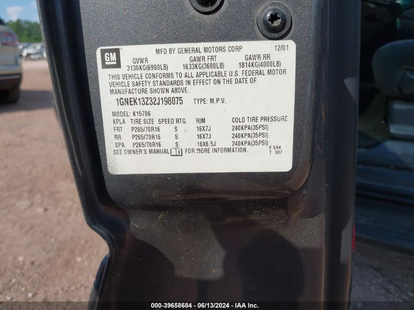 2002 Chevrolet Tahoe Ls VIN: 1GNEK13Z32J198075 Lot: 39658684