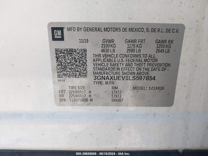 2020 Chevrolet Equinox Awd Lt 1.5L Turbo VIN: 3GNAXUEV1LS597854 Lot: 39658688