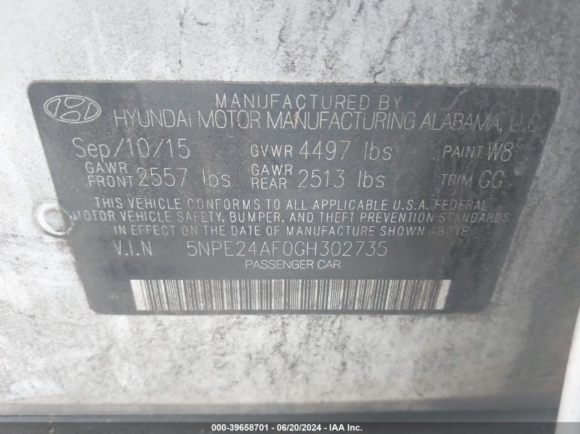 2016 Hyundai Sonata Se VIN: 5NPE24AF0GH302735 Lot: 39658701