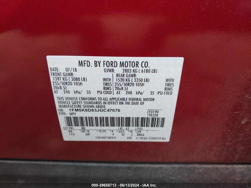 2018 Ford Explorer Xlt VIN: 1FM5K8D83JGC47676 Lot: 39658713