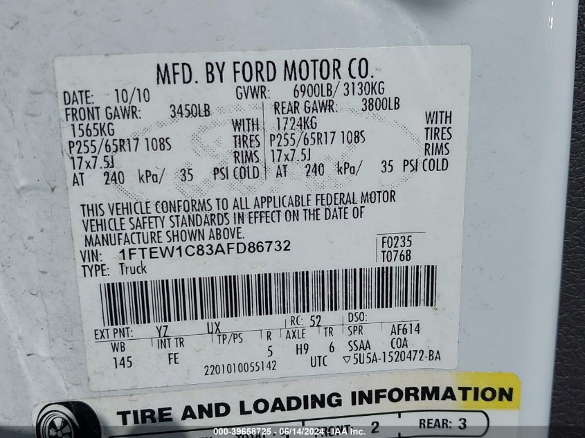 2010 Ford F-150 Fx2 Sport/Xl/Xlt VIN: 1FTEW1C83AFD86732 Lot: 39658725