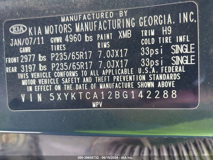 2011 Kia Sorento Lx VIN: 5XYKTCA12BG142288 Lot: 39658732