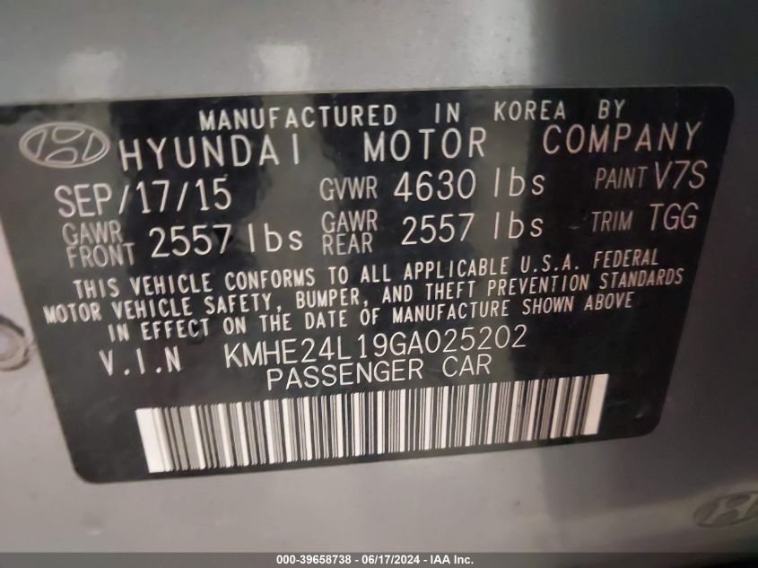 2016 Hyundai Sonata Hybrid Se VIN: KMHE24L19GA025202 Lot: 39658738