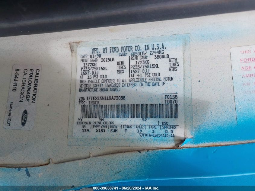 1990 Ford F150 VIN: 1FTEX15N1LKA73088 Lot: 39658741